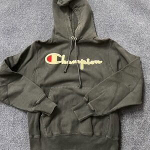 Champion Reverse Weave Hoodie Mens Small Black Script Logo Fleece Sweatshirt